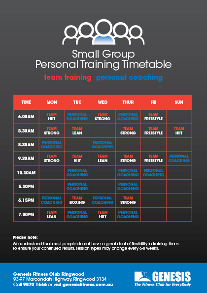 Small Group Personal Training Ringwood Timetable